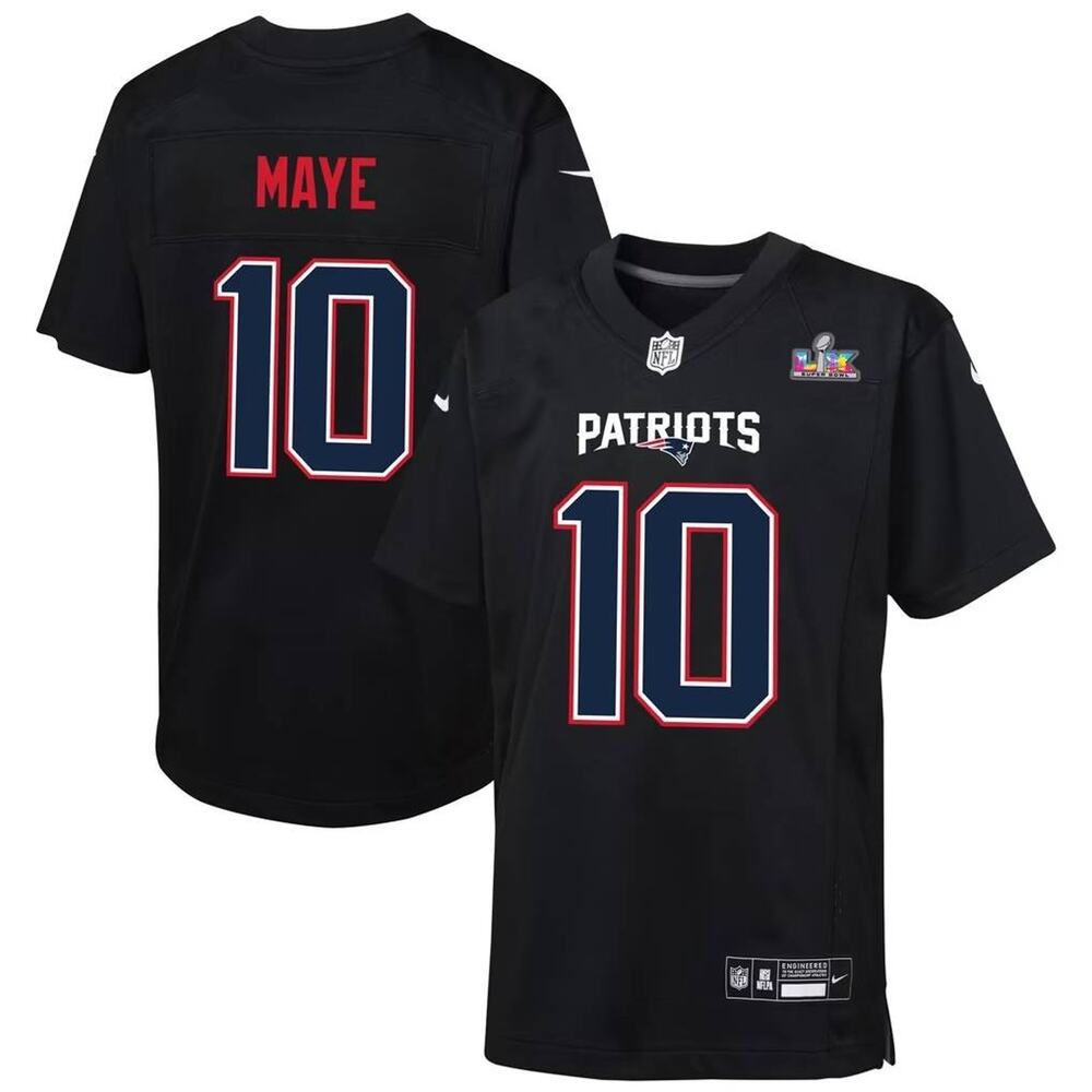 Nike Drake Maye New England Patriots Youth Super Bowl LX Patch Game Jersey Black